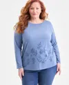 Style & Co Plus Size Embroidered Boat-neck Top, Macy's Exclusive In Blue