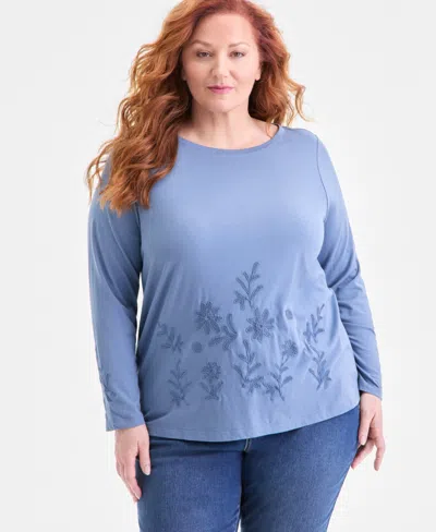 Style & Co Plus Size Embroidered Boat-neck Top, Macy's Exclusive In Blue