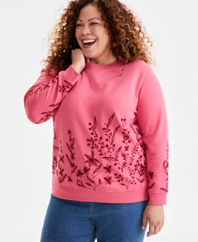 Style & Co Plus Size Embroidered Fleece Sweatshirt, Exclusively At Macy's In Floral Red