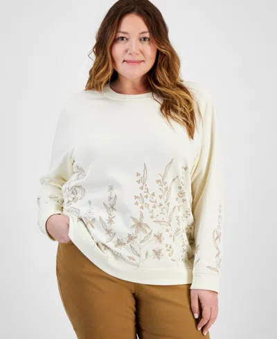 Style & Co Plus Size Embroidered Fleece Sweatshirt, Exclusively At Macy's In Floral White