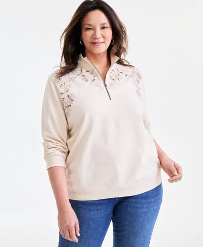 Style & Co Plus Size Embroidered Half-zip Sweatshirt, Exclusively At Macy's In Oatmeal