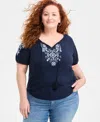 Style & Co Plus Size Embroidered Knit Peasant Top, Exclusively At Macy's In Blue