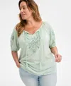Style & Co Plus Size Embroidered Knit Peasant Top, Exclusively At Macy's In Medallion Green