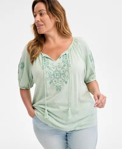 Style & Co Plus Size Embroidered Knit Peasant Top, Exclusively At Macy's In Medallion Green