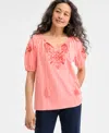 Style & Co Women's Embroidered Split-neck Tasseled-tie Top, Exclusively At Macy's In Medallion Rose