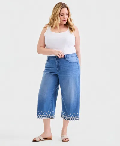 Style & Co Plus Size Embroidered Scalloped High Rise Wide-leg Crop Jeans, Macy's Exclusive In Blue
