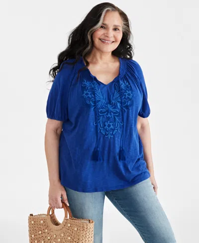 Style & Co Plus Size Embroidered Split-neck Puff-sleeve Top, Created For Macy's In Escape Blue