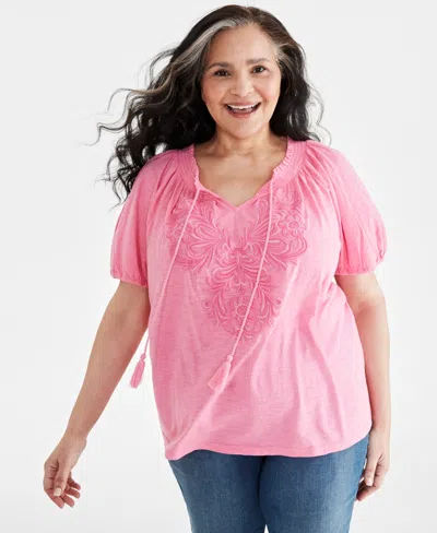 Style & Co Plus Size Embroidered Split-neck Puff-sleeve Top, Created For Macy's In Escape Pink