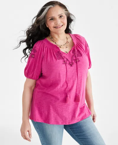 Style & Co Plus Size Embroidered Split-neck Puff-sleeve Top, Created For Macy's In Sandy Fuchsia