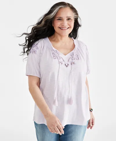 Style & Co Plus Size Embroidered Split-neck Puff-sleeve Top, Created For Macy's In Sandy Lavendar