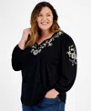 Style & Co Plus Size Embroidered Tie-neck Knit Top, Created For Macy's In Emb Black