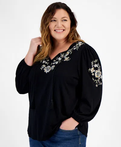 Style & Co Plus Size Embroidered Tie-neck Knit Top, Created For Macy's In Emb Black