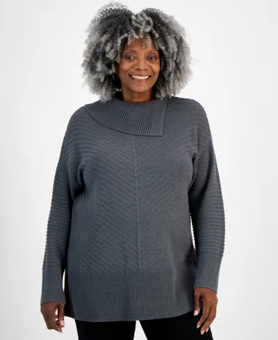 Style & Co Petite Envelope-neck Side-slit Tunic Sweater, Created For Macy's In Charcoal Heather