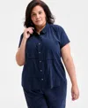 Style & Co Plus Size Eyelet Camp Shirt, Exclusively At Macy's In Blue