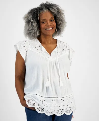 Style & Co Plus Size Eyelet Split-neck Blouse, Created For Macy's In Bright White