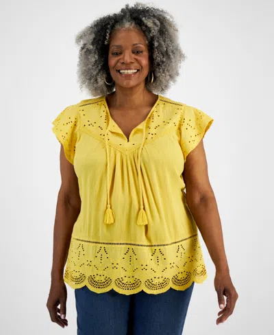 Style & Co Plus Size Eyelet Split-neck Blouse, Created For Macy's In Cornmeal Yellow