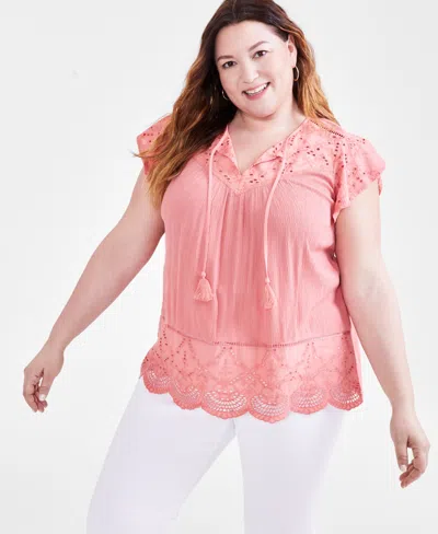 Style & Co Plus Size Eyelet Split-neck Blouse, Created For Macy's In Sea Coral