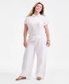 Style & Co Plus Size Cotton Gauze Drawstring Mid-rise Wide-leg Pants, Exclusively At Macy's In White