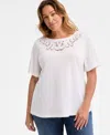 Style & Co Plus Size Eyelet-yoke T-shirt, Exclusively At Macy's In Bright White