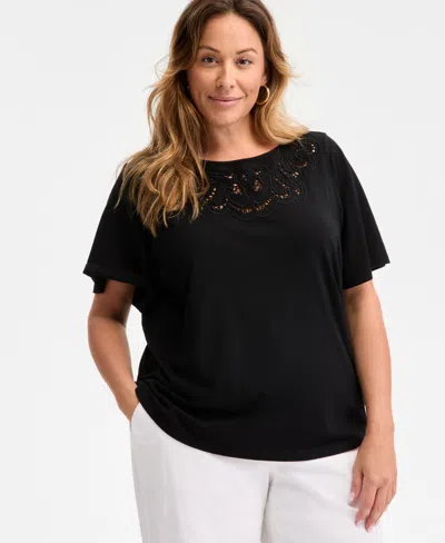Style & Co Petite Crochet-trimmed Short-sleeve Knit Top, Exclusively At Macy's In Deep Black
