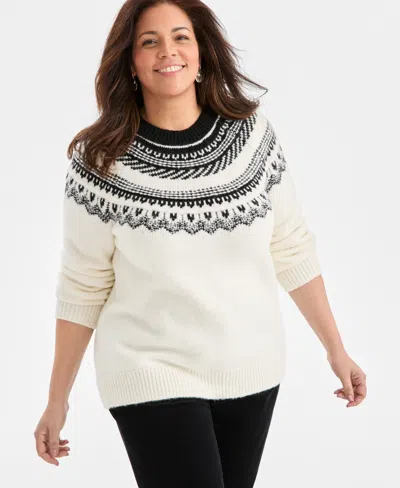 Style & Co Plus Size Fair Isle Crewneck Pullover Sweater, Macy's Exclusive In White
