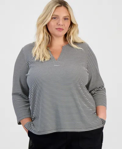 Style & Co Plus Size Feeder-stripe 3/4-sleeve Split-neck Tunic, Macy's Exclusive In Deep Black