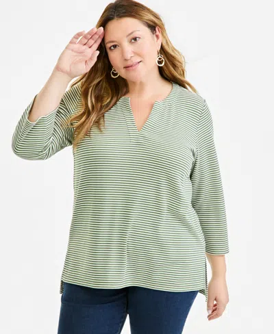 Style & Co Plus Size Feeder-stripe 3/4-sleeve Split-neck Tunic, Macy's Exclusive In Leafy Clover