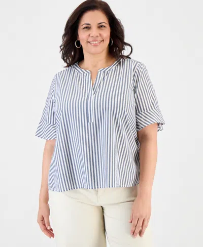 Style & Co Style Co Womens Striped Cotton Split Neck Popover Top Macys Exclusive In Blue