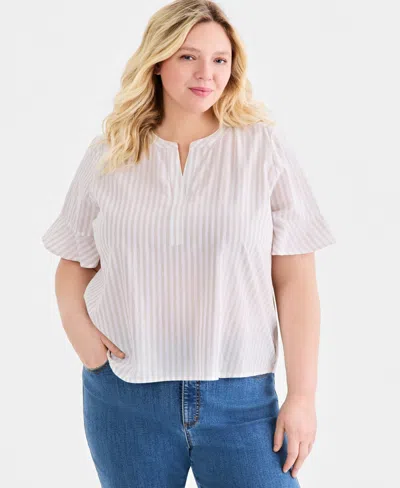 Style & Co Plus Size Flared-cuff Split-neck Top, Macy's Exclusive In White