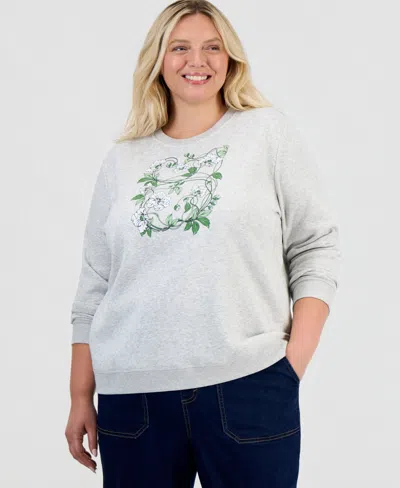 Style & Co Plus Size Fleece Floral-print Pullover Sweatshirt, Created For Macy's In Slate Heather