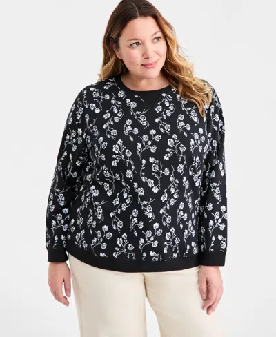 Style & Co Plus Size Floral Crewneck Sweatshirt, Macy's Exclusive In Black