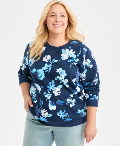 Style & Co Plus Size Floral Crewneck Sweatshirt, Macy's Exclusive In Blue