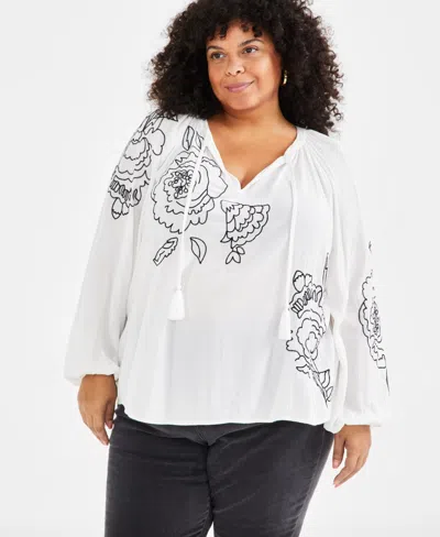 Style & Co Plus Size Floral-embroidered Popover Blouse, Created For Macy's In Shiitake