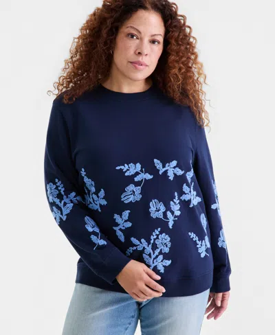 Style & Co Plus Size Floral Embroidered Sweatshirt, Macy's Exclusive In Blue