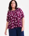 Style & Co Plus Size Floral-print Puff-sleeve Top In Red