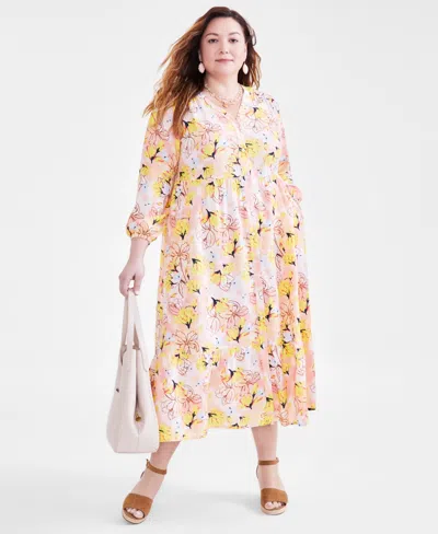 Style & Co Plus Size Floral-print Tiered 3/4-sleeve Dress, Created For Macy's In Arles Floral Pink
