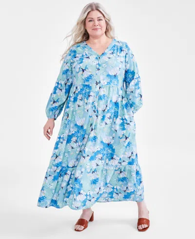 Style & Co Plus Size Floral-print Tiered 3/4-sleeve Dress, Created For Macy's In Arles Floral Teal