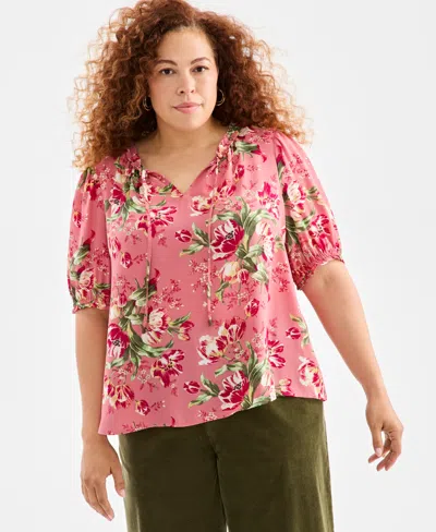 Style & Co Plus Size Floral Printed Puff-sleeve Blouse, Macy's Exclusive In Pink