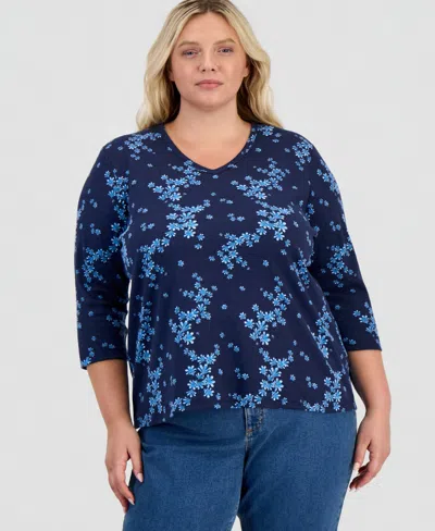 Style & Co Plus Size Floral-print 3/4-sleeve T-shirt, Macy's Exclusive In Industrial Blue