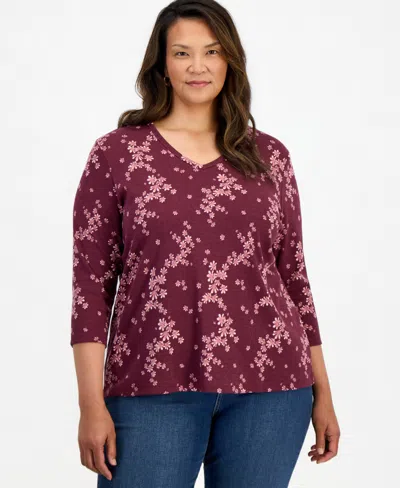 Style & Co Plus Size Floral-print 3/4-sleeve T-shirt, Macy's Exclusive In New Brickberry