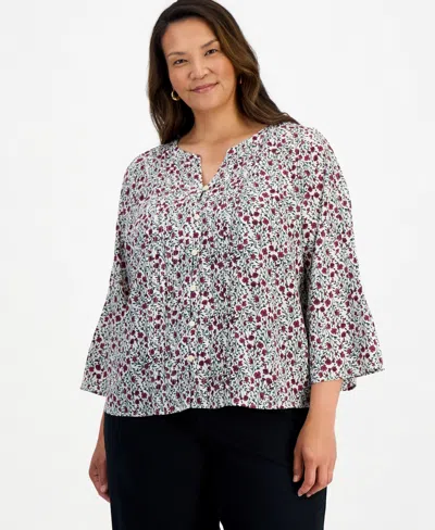 Style & Co Plus Size Floral-print Pintuck Bell-sleeve Blouse, Macy's Exclusive In Multi