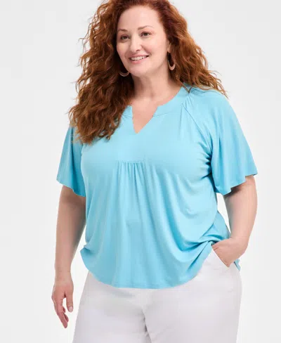 Style & Co Plus Size Flutter-sleeve Top, Exclusively At Macy's In Aqua Swirl