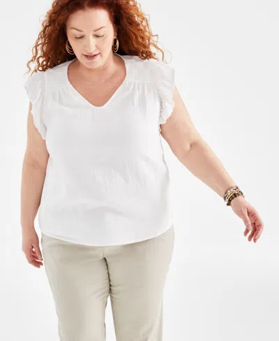 Style & Co Plus Size Flutter-sleeve V-neck Top, Created For Macy's In Bright White