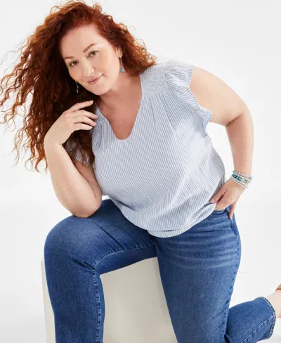 Style & Co Plus Size Flutter-sleeve V-neck Top, Created For Macy's In Feeder Blue Stripe