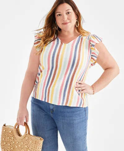 Style & Co Plus Size Flutter-sleeve V-neck Top, Created For Macy's In Multi Stripe