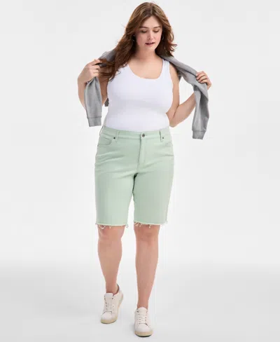 Style & Co Plus Size Frayed Colored Denim Bermuda Shorts, Exclusively At Macy's In Enchated Mint