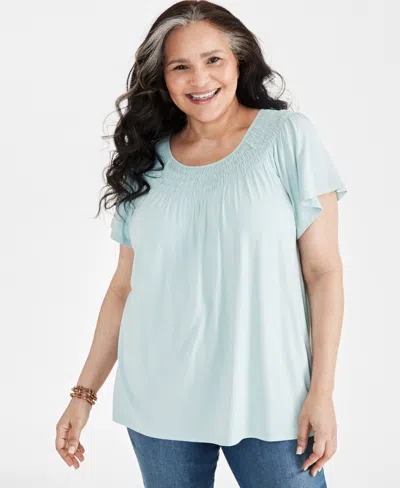 Style & Co Plus Size Gathered Scoop-neck Flutter-sleeve Top, Created For Macy's In Harbor Gray