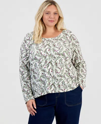 Style & Co Plus Size Hidden Bells Floral Scoop Neck Long-sleeve T-shirt, Macy's Exclusive In Fresh Vanilla