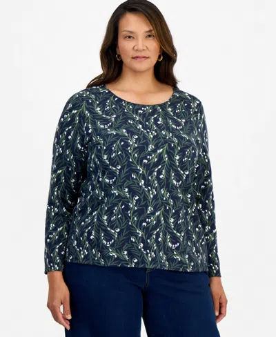 Style & Co Plus Size Hidden Bells Floral Scoop Neck Long-sleeve T-shirt, Macy's Exclusive In Industrial Blue