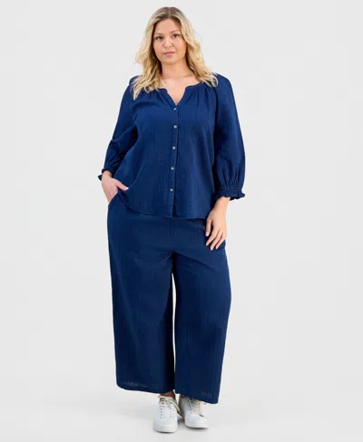 Style & Co Plus Size High-rise Pull-on Wide-leg Pants, Macy's Exclusive In Blue